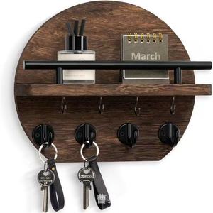 Porte-clés mural en bois rond rétro, 1 niveau, organisateur de rangement pour entrée et salon - Product Image 1