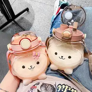 여름 학생 아이 휴대용 플라스틱 대용량 1000ml 귀여운 곰 모양 물병 짚 학교 로고 곰