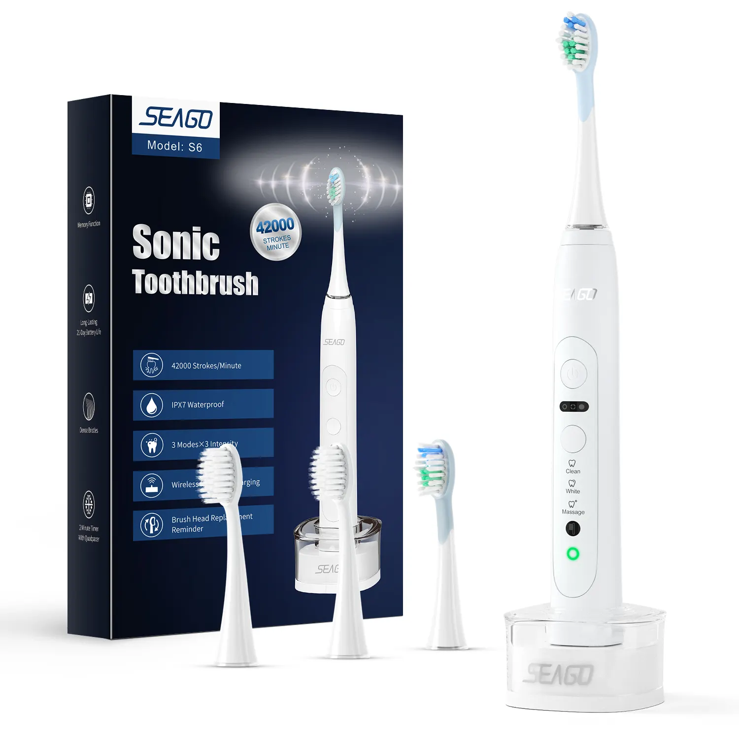Seago SG982 3 Intensities 3 Modes Brush Heads Reminder 42000VPM Rechargeable Electric Toothbrush Oral Set With Charging Base