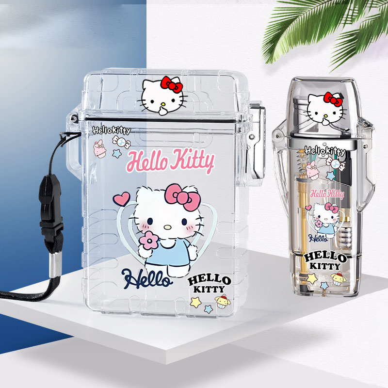 Hello Kitty Kuromi Cigarette case and Lighter Set Transparent Cartoon  Butane Gas Red Flame Lighter
