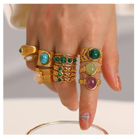 Bague ouverte en acier titane or 18 carats de luxe vintage français Ornement de bijoux en pierre naturelle pour femmes inspiré de l'Inde droite