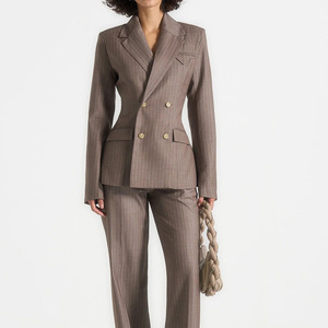 Blazer de Mujer con Doble Botonadura y Rayas Finas, Manga Larga, Cuello con Muescas, Mezcla de Lana y Poliéster, para Otoño, Tejido Antiarrugas - Product Image 2