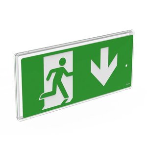 Pannello Segnaletico di Uscita di Emergenza Beghelli 21x33 Cm Autoadesivo Verde con Uomo che Corre e Freccia verso il Basso - Product Image 1
