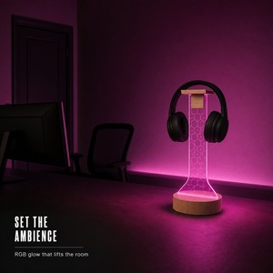 Bodyfree Acrylic LED Gaming Headset Stand Solid Wood Base RGB <b>Warm</b> <b>White</b> <b>Light</b> Custom Engraving Wholesale For Gamers - Product Image 2