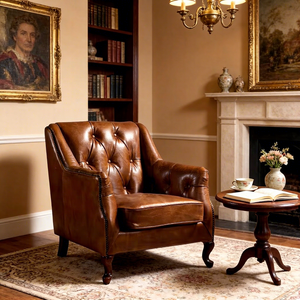 Sofá Chesterfield Tapizado, Sofá Chesterfield de Cuero Rústico Color Bronceado, Sofá Chesterfield de Cuero Genuino con Botones, Conjunto de Sofás Chesterfield para Vestíbulo de Hotel - Product Image 4