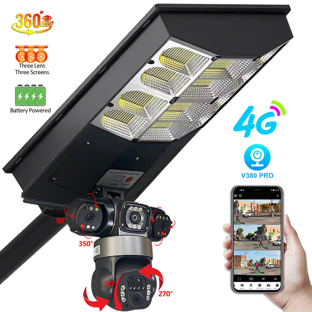 12MP WiFi Solar Security Camera 360 Degree PTZ Outdoor Three Lens Dual Light Low Power CCTV with Cloud Storage