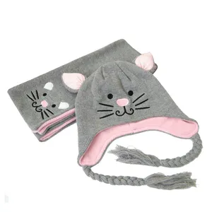 Custom Cat Jacquard Pattern Child Kids Beanie Hat And Scarf Set With Ear Braids For Winter Warming