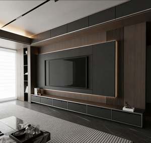 Meuble TV mural BALOM personnalisé, foncé, avec tiroirs de rangement et étagères latérales pour le salon - Product Image 5