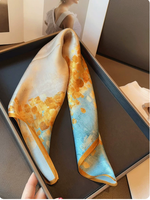 Écharpe longue d'hiver en soie effet peinture à l'huile bleu or, bandana, nappe décorative, serviette, accessoire pour le cou, la tête et les cheveux