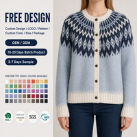 Cardigan Fair Isle personnalisé pour femme, col rond, bleu clair marine, avec encolure à motif losanges, usine OEM ODM