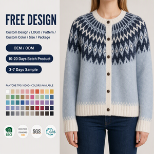 Cardigan Fair Isle personnalisé pour femme, col rond, <span class=keywords><strong>bleu</strong></span> clair <span class=keywords><strong>marine</strong></span>, avec encolure à motif losanges, usine OEM ODM - Product Image 3