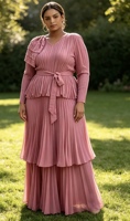 Robe plissée grande taille pour femme, manches longues, avec nœud décoratif, ceinture à la taille, robe à volants superposés, robe de soirée formelle pour femme