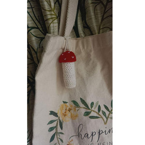 Crochet Mushroom Lip Balm Holder Red White Dots Beige Stem Reusable Keychain Cute Style Woven Pattern Lipstick <b>Bag</b> <b>Charm</b> - Product Image 2
