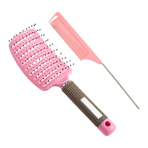 Grand peigne à cheveux incurvé, lot de 2, peigne de massage à neuf rangées, peigne à queue pointue pour cheveux bouclés, peigne lissant en plastique rose - Product Image 1