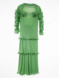 Nuevo Vestido Largo Informal Africano de Alta Calidad, Color Sólido, Dos Capas, con Volantes Florales, Estilo <span class=keywords><strong>Issey</strong></span> Miyake, Plisado, Talla Grande para Mujer - Product Image 4
