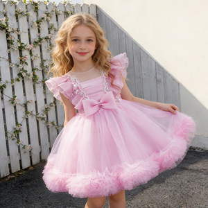 Vestido de tul color borgoña para niñas Baihui, cuello redondo, corte en A, vestido de niña de las flores para fotografía - Product Image 3
