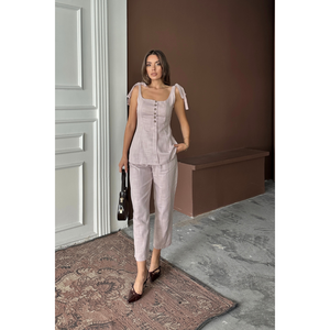Ensemble 2 pièces Shantuk en lin lilas : Blouse à bretelles style gilet et pantalon, tenue courte, MOQ 2 pièces - Product Image 3
