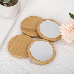 Wooden Mini Mirror Frame Make up Mirror Round Pocket Small Portable Bamboo Makeup Mirror
