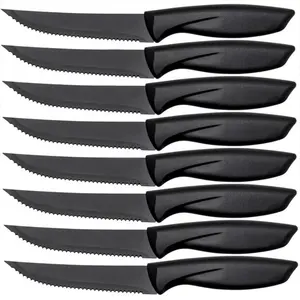 8 Stuks Zwart Roestvrij Staal Steak Mes Set Sharp Blade Antikleeflaag Gekarteld Steak Messen Set Vaatwasmachinebestendig Steak messen