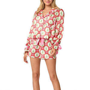 Conjunto de <span class=keywords><strong>Pijamas</strong></span> Navideños para Mujer SMOOTH, Ropa de Dormir de Manga Larga y Pantalones Cortos para Otoño e Invierno con Diseño de Puños con Lazo - Product Image 2