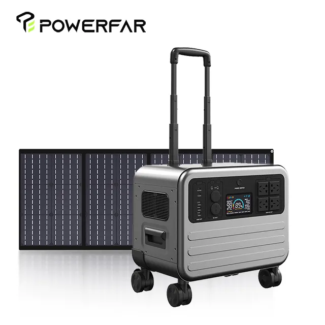 POWERFARポータブル発電所2200WLiFePO4バッテリー、ソーラーパネルとLEDライト付き家族キャンプRV旅行緊急用