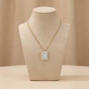 Gold Lab Grown Diamond <b>Emerald</b> Cut Halo <b>Pendant</b> Necklace Fine Minimalist Jewelry Gift For Women Elegant Charm - Product Image 3