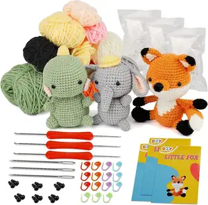 3 pcs DIY crochet animal kit dinosaur fox elephant plush doll easy to follow instructions for starter yarn kit