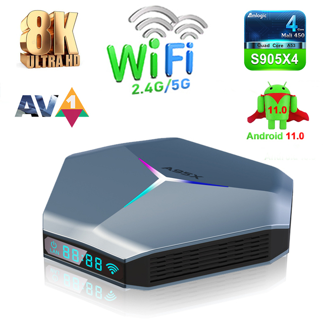 New A95X F4 S905X4 Light TV Box 4GB 32GB 2T2R Android 10.0 11 AV1 8K 5GHz WiFi BT 4K OTT Smart TV Box