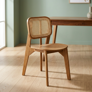 Japandi <b>Teak</b> Wood <b>Dining</b> <b>Chair</b> with Square Rattan Webbing Backrest - Product Image 2