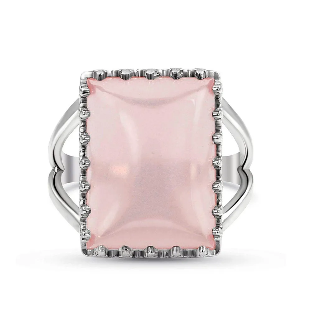 Minimalist Best Selling Rhodium Plated Big Rose Quartz 925 Silver Rectangle Engagement Ring