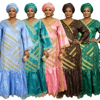 Robes africaines pour femmes H&D FY06, nouveau design, broderie Bazin Riche, longue robe avec foulard, robes décontractées à col en V