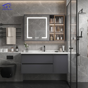 Mueble de baño inteligente de lujo en color marrón con vitrina de vidrio, encimera negra y gabinete de pared. - Product Image 3