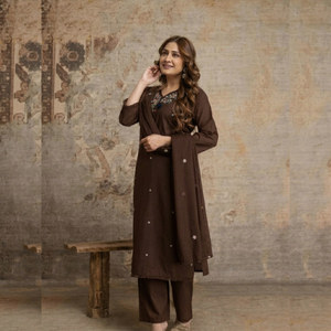 Elegant Brown 60x60 Cotton Designer <b>Suit</b> Set with Floral Embroidered Neckline Straight Kurta <b>Trousers</b> and Dupatta - Product Image 1