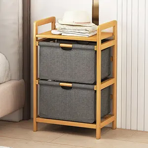 Custom 2 Tier Bamboo Hamper Storage Cart 2 Section Rolling Storage Shelf Drawers Basket and 4 Wheels Home Furniture Unit Fabric