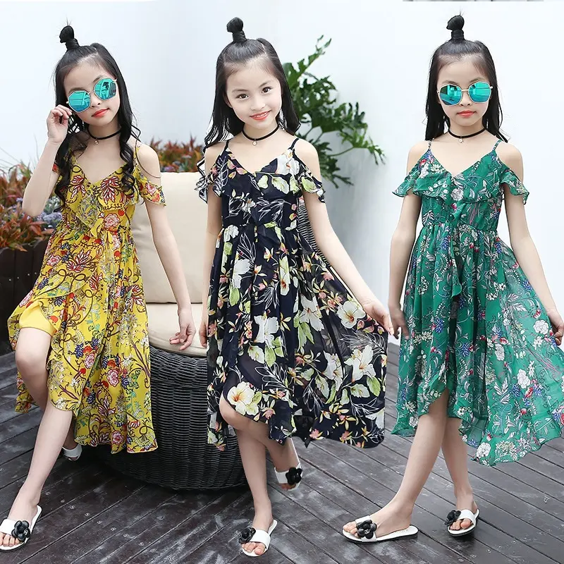 Vestido de verão boêmio para meninas, estampa floral, chiffon, uso casual para adolescentes, roupas para adolescentes, 2022
