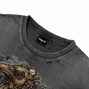 <b>Men's</b> Vintage Distress Acid Wash T Shirt <b>Punk</b> Mechanical Raven Head with Letter Print Oversized Short Sleeve Tees for Wholesale - Product Image 3