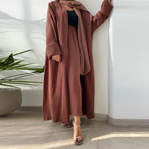 2022 wholesale crinkle wrinkled 2 piece set Abaya silk nida Muslim dress Dubai Islamic eid kimono Abaya for ladies