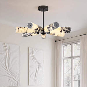 Lámpara colgante moderna de resina con pantallas cilíndricas con patrón de mármol y marco de metal negro para iluminación de techo de sala de estar - Product Image 3
