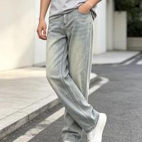 Pantalon en jean gris ciment classique délavé, streetwear, couleur unie, jean pour hommes, LOGO personnalisé