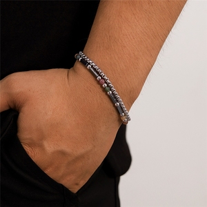Bracelet jonc en acier inoxydable avec perles d'agate naturelle et maillons géométriques pour homme, style hip-<span class=keywords><strong>hop</strong></span> rock, cadeau bijou - Product Image 6