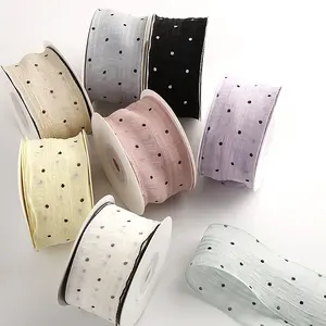 Şerit şerit 40 mm siyah polka dot baskılı organze sheer şerit hediye ambalaj şeffaf lüks hediye çantası şerit