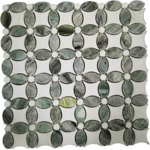 Flower marble mosaic decorated with golden stainless steel metal kitchen wall tile bathroom mosaic for Hotel