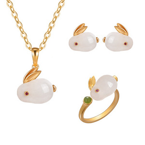 Women's Rabbit Jade Necklace Ring <b>Earrings</b> <b>Set</b> Animal Zodiac Jewelry Gift Gold Plated White Jade Stone Fashion Jewelry - Product Image 1