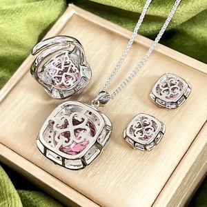 Fashion Eco-friendly Copper Rose Cut 18-14mm Sea Blue Cubic Zirconia Jewelry Set <b>Delicate</b> Pendant Earrings Ring Set for Women - Product Image 6