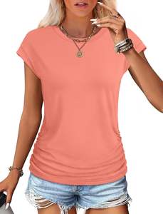 Women's 2025 Trendy Summer <b>Tops</b> Breathable Knitted Crew Neck T-Shirts with Ruched <b>Cap</b> Short <b>Sleeves</b> Casual Fashion Shirts - Product Image 6