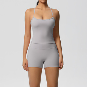 Pantaloncini da corsa a compressione leggeri comodi da donna Set di canottiere in tinta unita traspirante per Yoga con chiusura elastica in vita - Product Image 5