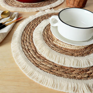 Salvamanteles redondo tejido de algas marinas estilo bohemio con borde de borlas, aislante del calor, para la mesa occidental. - Product Image 6