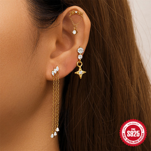 CANNER Pendientes de cartílago de plata de ley 925 con borlas de estrella y ojo de caballo chapados en oro de 18 quilates para mujer S925 - Product Image 2