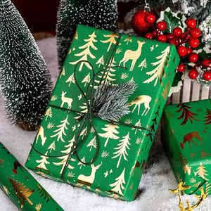 Green Christmas <b>Wrapping</b> <b>Paper</b> Recycled Festive Gold Foil Reindeer Winter Tree Theme Thick Kraft Christmas Gift Packaging - Product Image 2