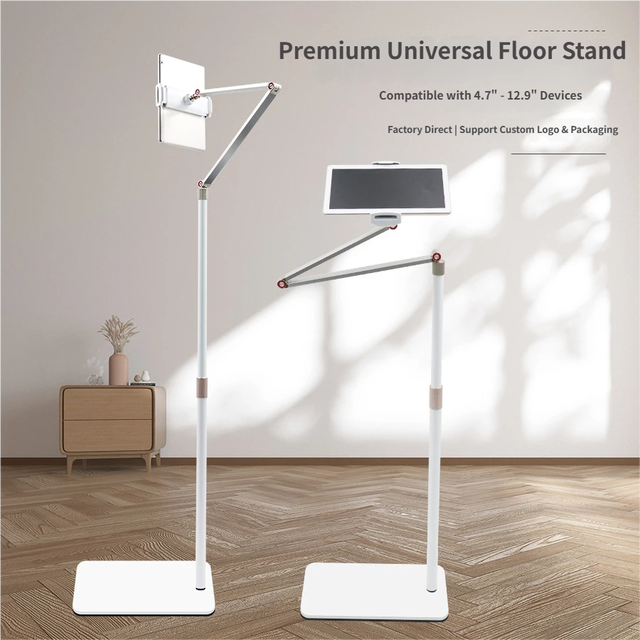 Adjustable Arm Aluminum Floor Stand Long Arm Foldable Black Ipad Tablet Mobile Floor Stand for Bulk Business Bed and Office Use